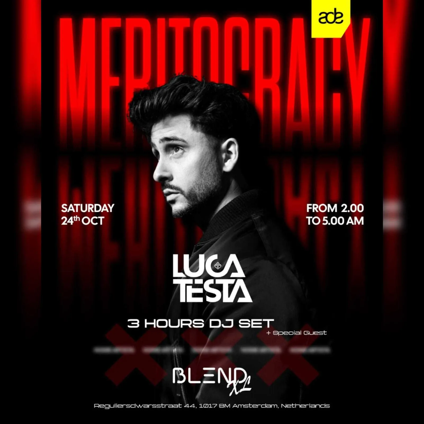 Flyer van Meritocracy presents Luca Testa: 3-hour DJ set in Blend XL.