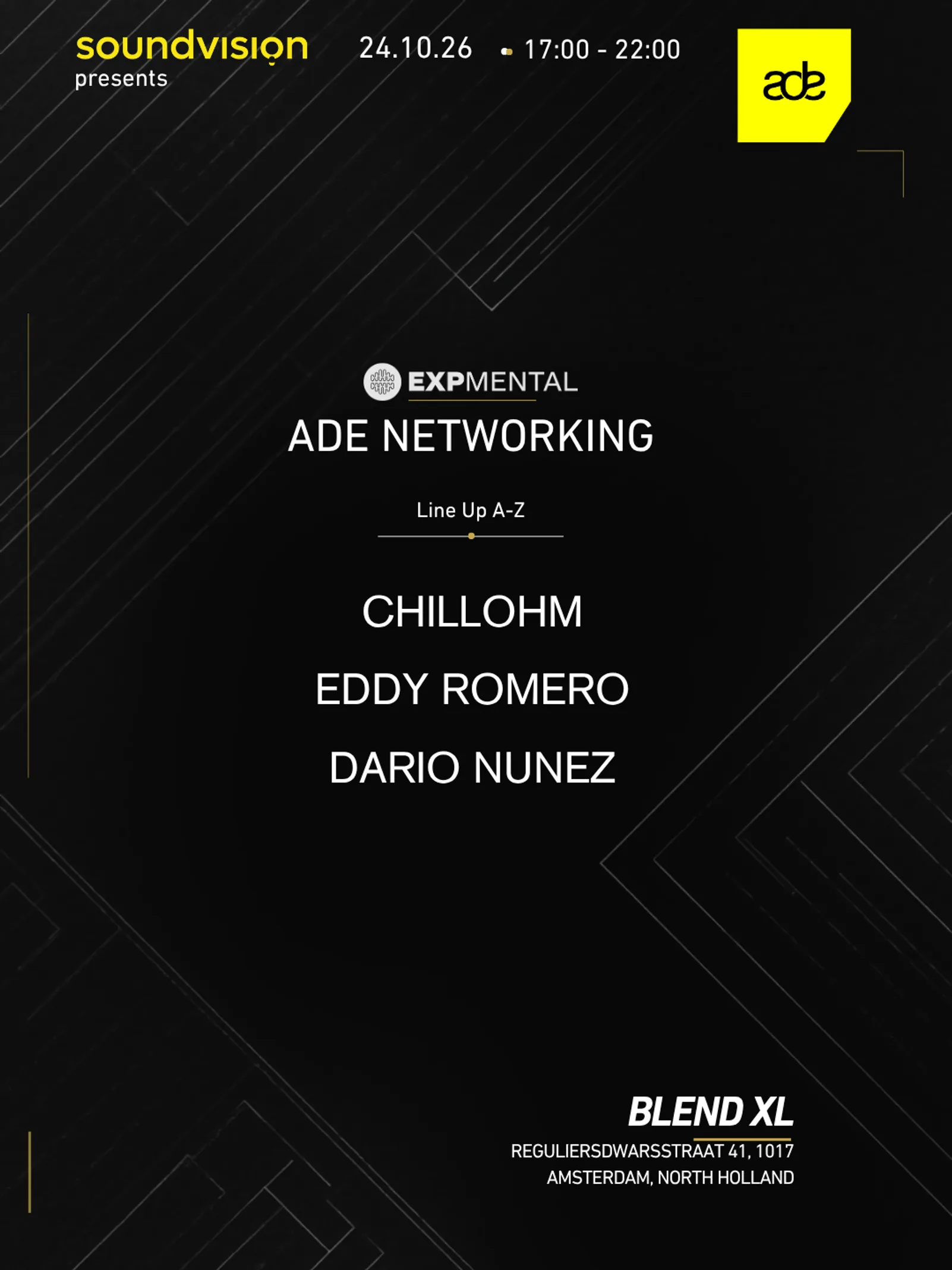 Flyer van Soundvision presents: Expmental ADE Networking in Blend XL.