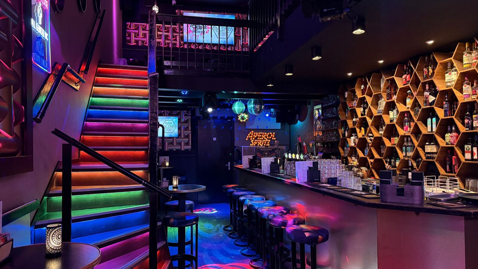 Inside Bar Blend Amsterdam: rainbow-lit stairs, disco balls and the honeycomb bar