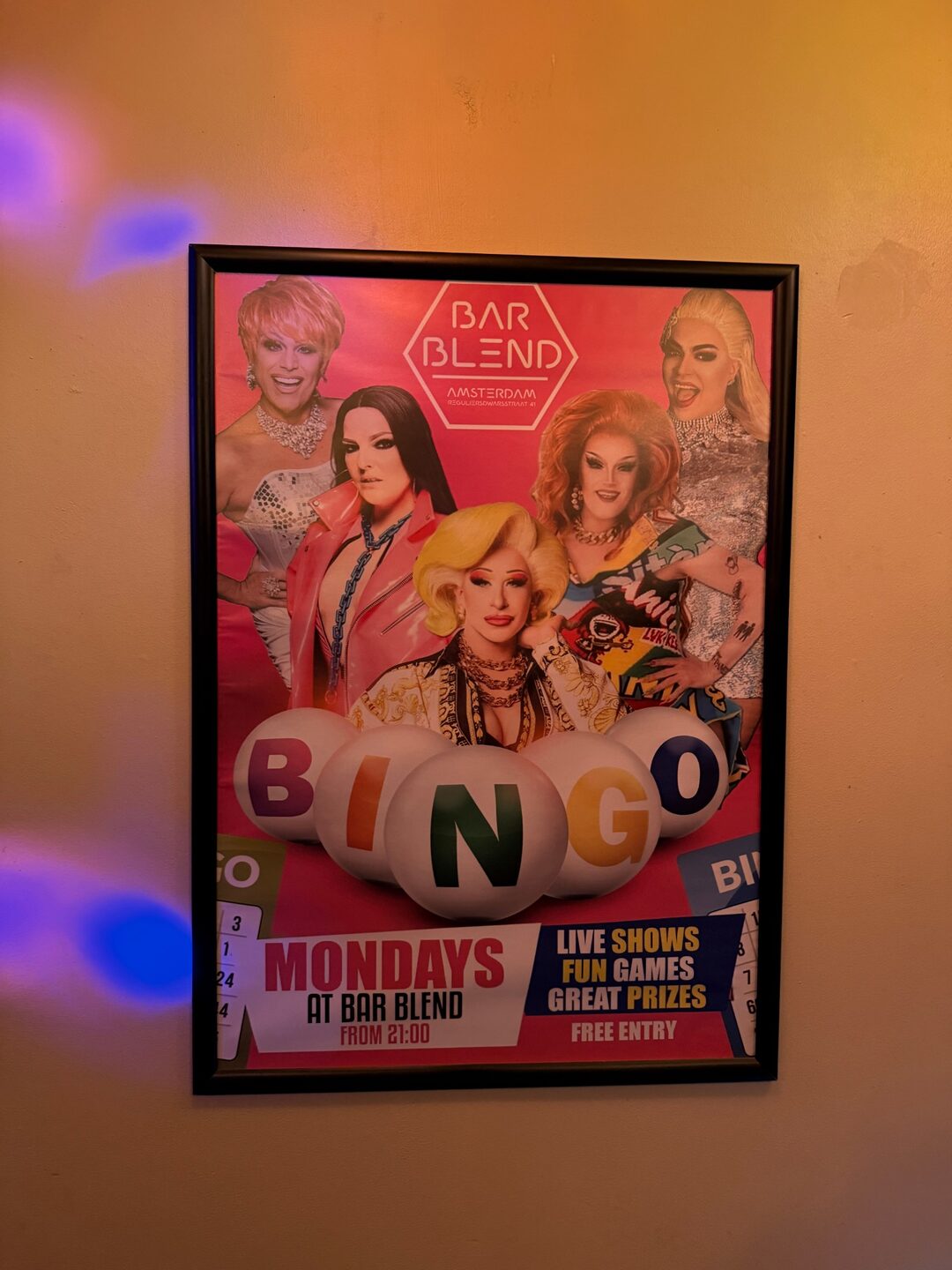 Drag bingo poster at Bar Blend Amsterdam: Mondays from 21:00, live shows, free entry