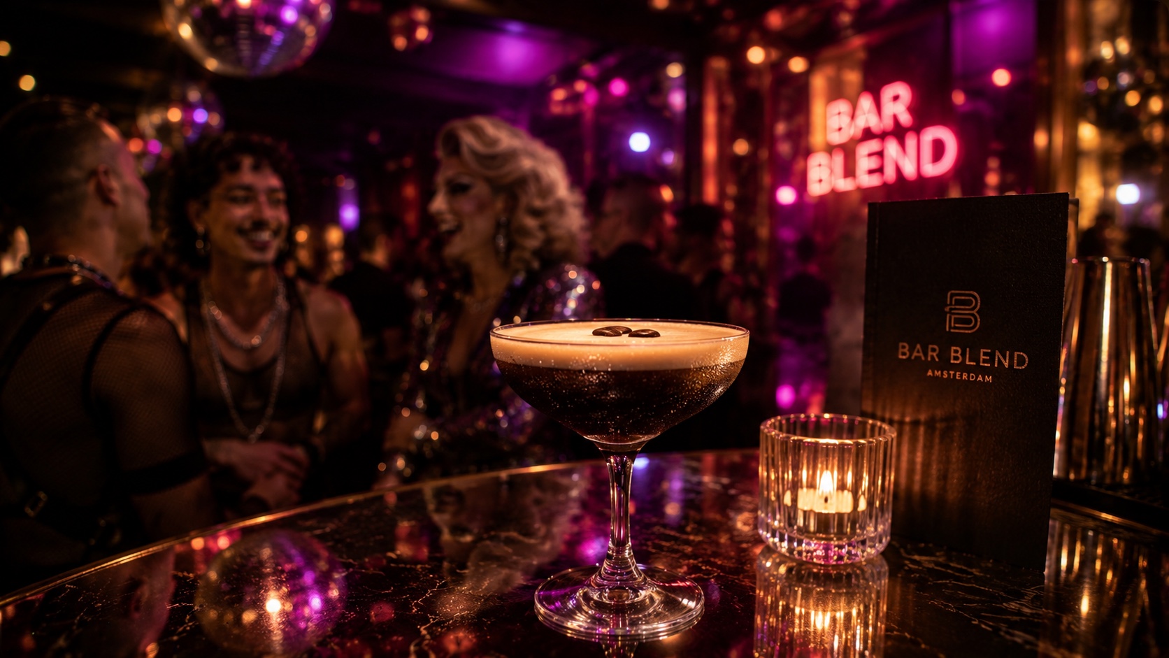 Signature cocktails on the bar at Bar Blend near Rembrandtplein Amsterdam