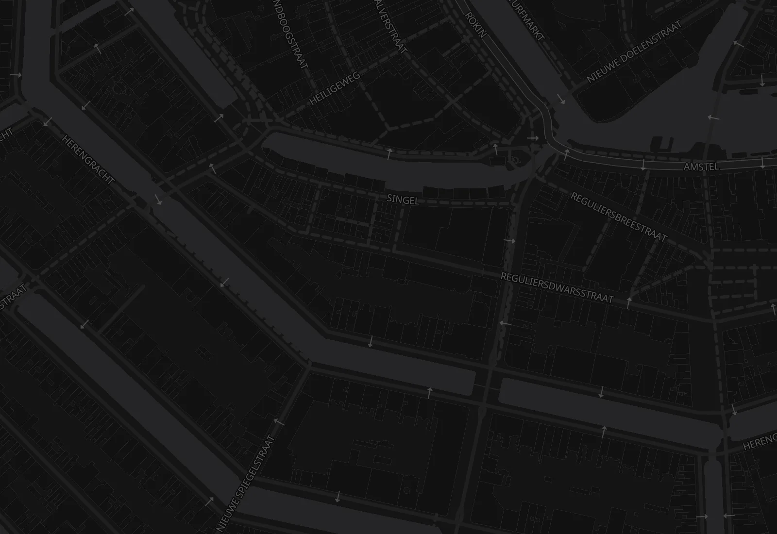 Dark street map of Reguliersdwarsstraat and the Amsterdam canal belt around Blend XL