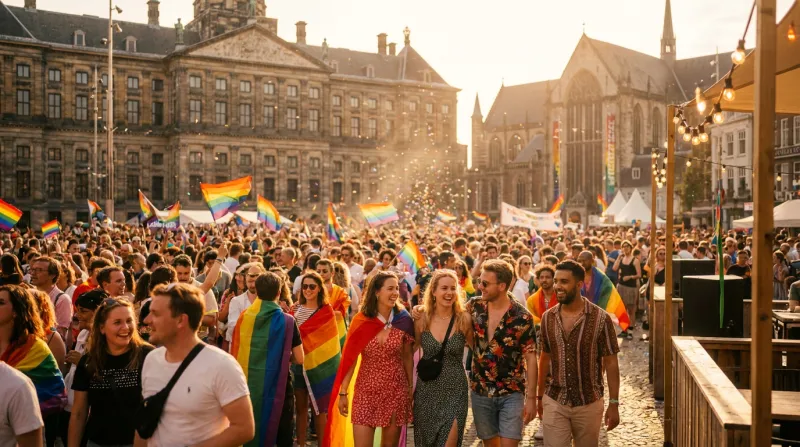 Golden-hour Pride crowd with rainbow flags on Dam Square in Amsterdam during MainStage Pride