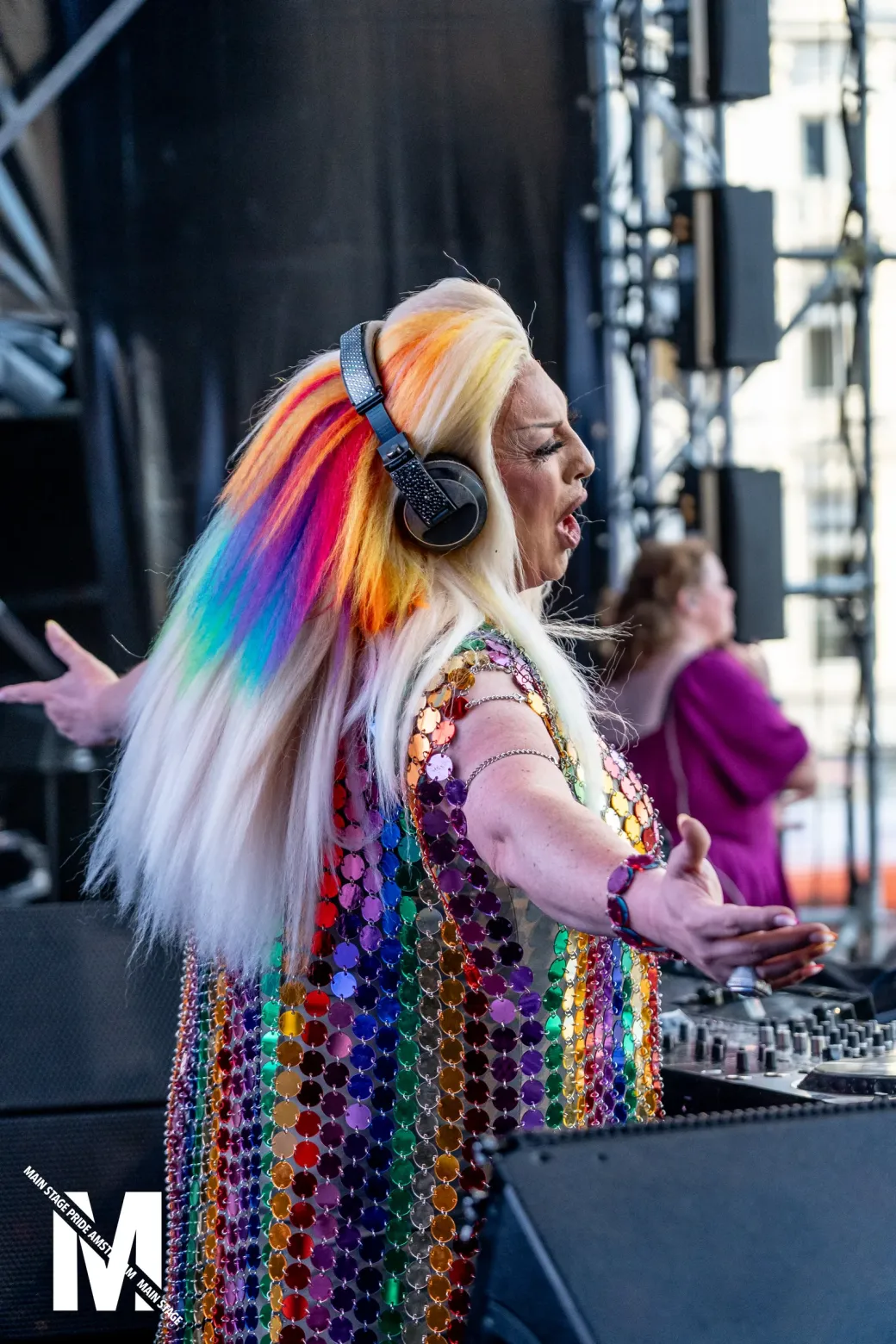 DJ with rainbow-coloured hair playing at MainStage Pride Amsterdam