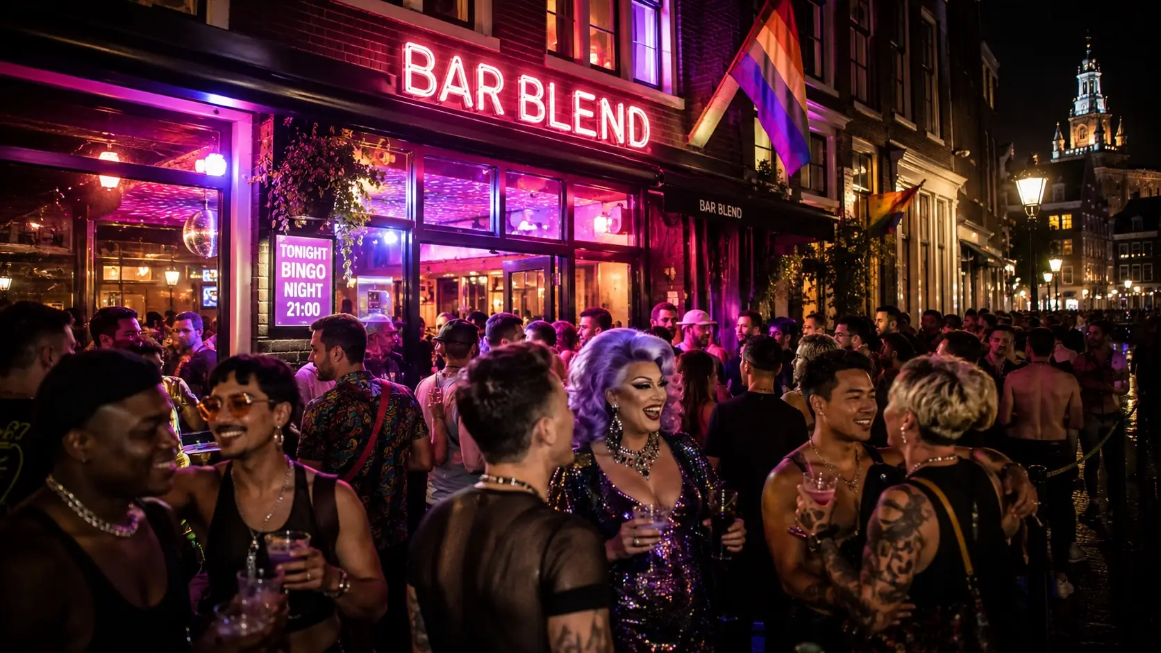 Dragqueens en publiek voor Bar Blend op de Reguliersdwarsstraat tijdens een avond in Amsterdam