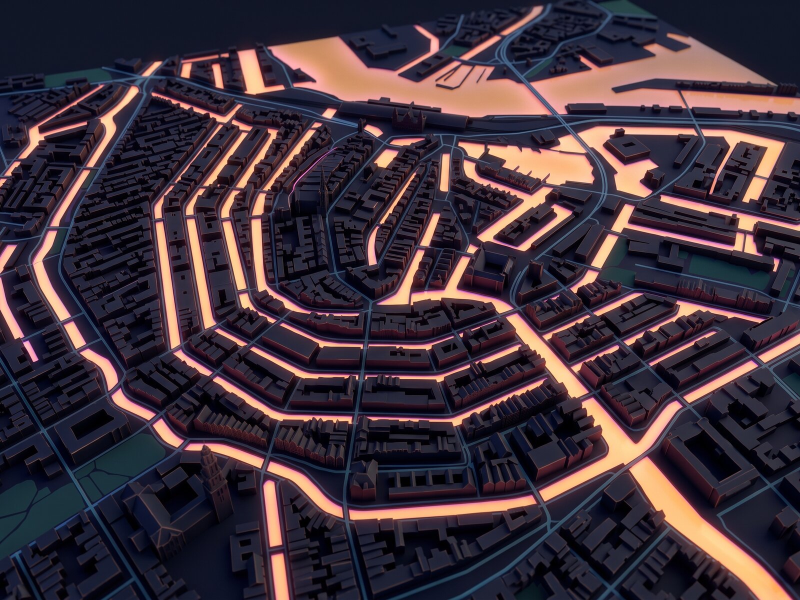 3D-kaart van het centrum van Amsterdam met de grachtengordel en het IJ; de stip markeert de Reguliersdwarsstraat