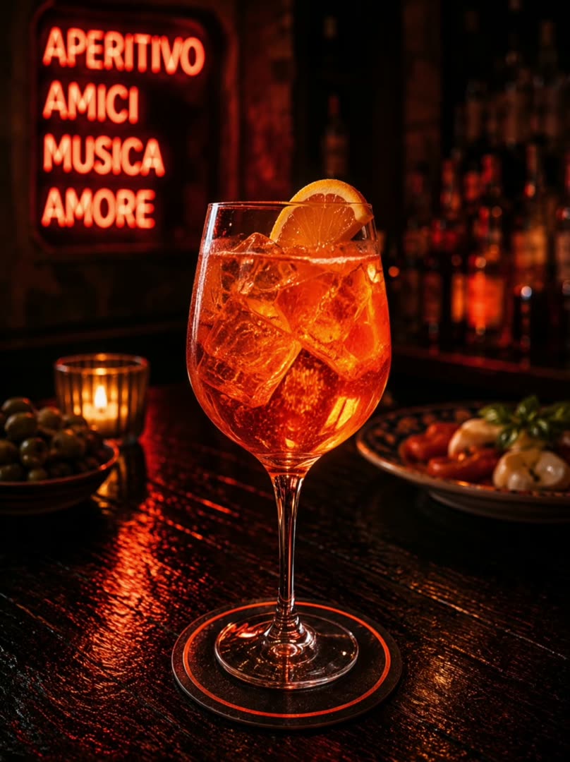 Aperol Spritz cocktail at Montmartre XL Amsterdam under an aperitivo neon sign